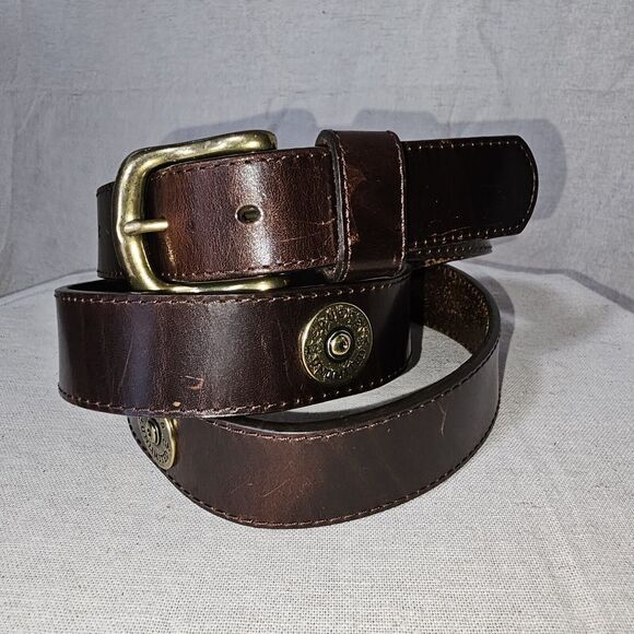 DUCKS UNLIMITED Men’s 46 Genuine Leather Brown Enmon Belt w/ Shotgun Shell Caps - Picture 1 of 9